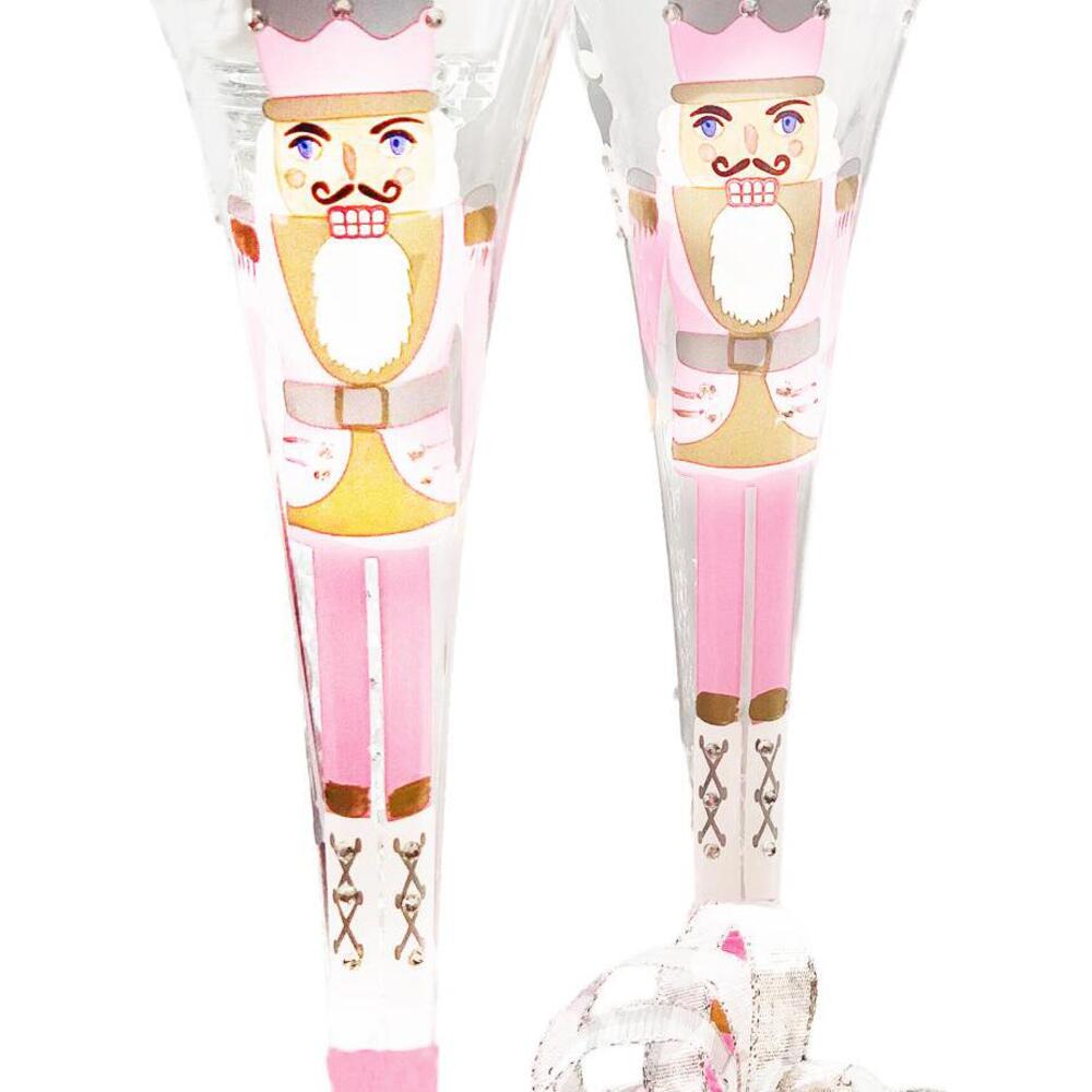2 Pink Nutcracker Champagne Flutes 10" Glass Bling Pinkmas Home Goods Viral FAB